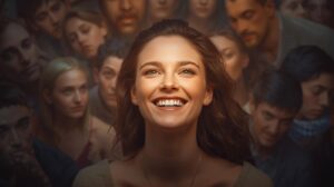 אישה מחייכת וסביבה אנשים