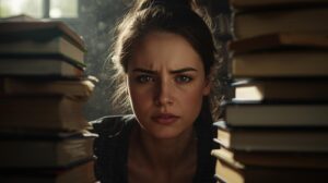 אישה מוקפת ספרים