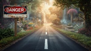 תמונה של כביש ושלט DANGER ומאחוריו מציאות חלומית, גן עדן, פיה